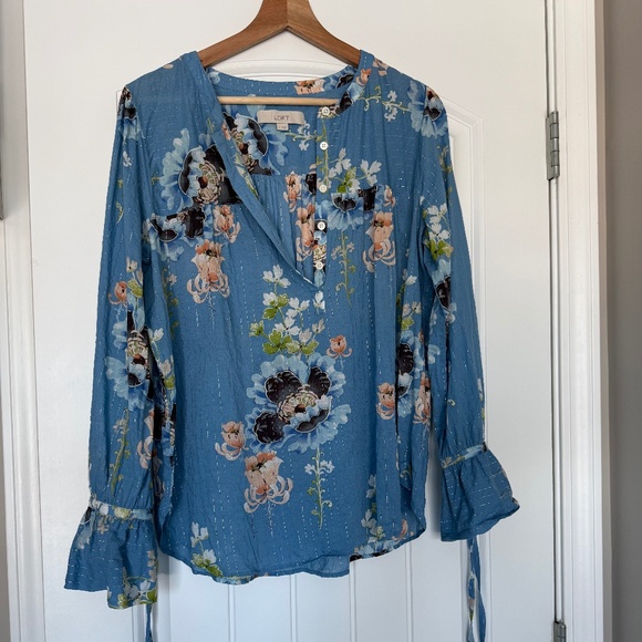 LOFT Tops - Loft Blue Floral Blouse Lightweight Sheer Boho Tie Sleeve Size L